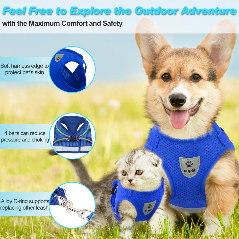 Supet Cat Harness and Leash Set for Walking Cat and Small Dog Harness Soft Mesh Puppy Harness Adjustable Cat Vest Harness with Reflective Strap Comfort Fit for Pet Kitten Puppy Rabbit X-Small (Chest: 7" - 9") Blue - PawsPlanet Australia