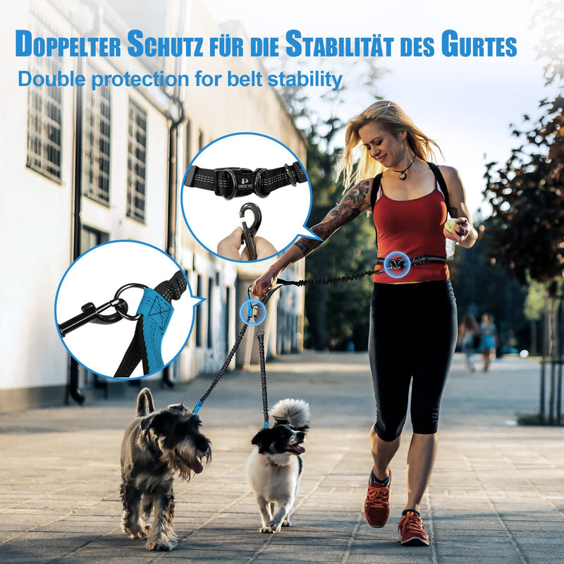 Snocyo jogging leash for dogs, double leash for two dogs, elastic and reflective double leashes for medium and large dogs, retractable leash with handles and waist belt for two or one dog, black and blue - PawsPlanet Australia