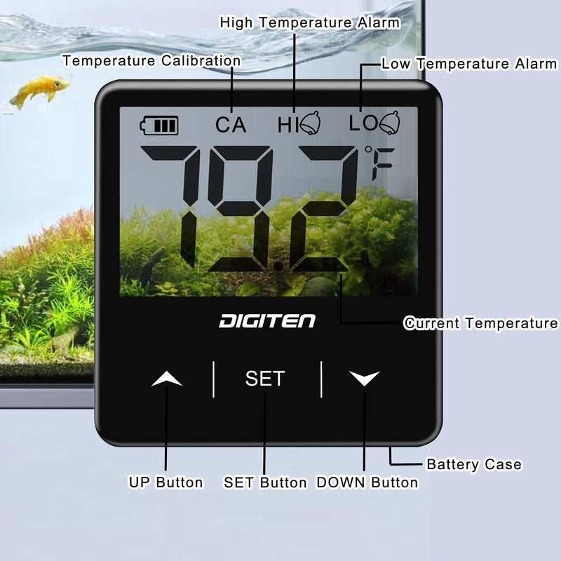 DIGITEN Aquarium Thermometer Digital Fish Tank Thermometer Stick On Water Terrarium Temperature Sensor with Large LCD Display High Low Alarm Reptiles Thermometer for Turtle Lizard Amphibians Reef Black - PawsPlanet Australia