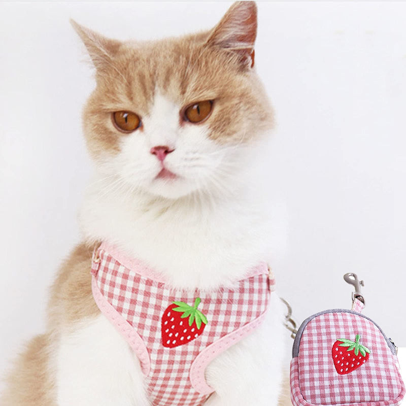 CheeseandU Pet Dog Cat Harness and Leash Set with Bags Soft Mesh Cute Daisy Strawberry Pattern Embroidery Anti-Escape Dog Cat Walking Vest Harness for Puppy Small Dogs Cats Rabbits Small (Chest 10"-20") Pink Strawberry - PawsPlanet Australia