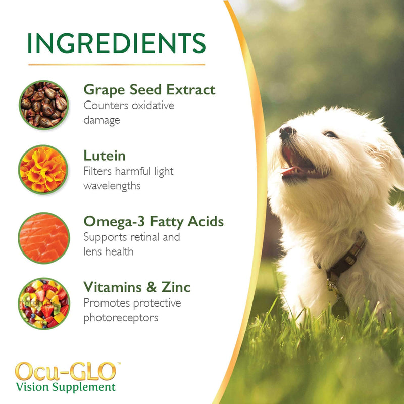 Ocu-GLO Cat & Dog Senior Supplement for Eye Support - Soft Chews Vision Vitamins Supplements for Large and Small Pets Care with Lutein, Omega-3 Fatty Acids, Grape Seed Extract & Antioxidants 15 Count (Pack of 1) - PawsPlanet Australia