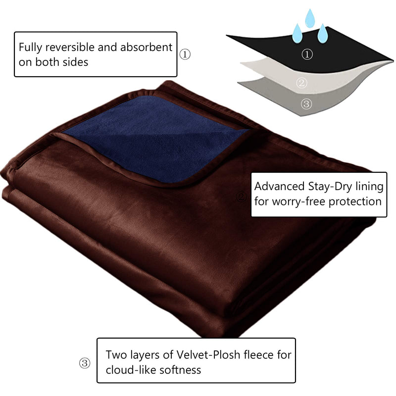 Ameritex Pet Bed Blanket Reversible 100% Waterproof Velvet Super Soft for Sofa and Bed 40x60 Inches Chocolate+Navyblue - PawsPlanet Australia