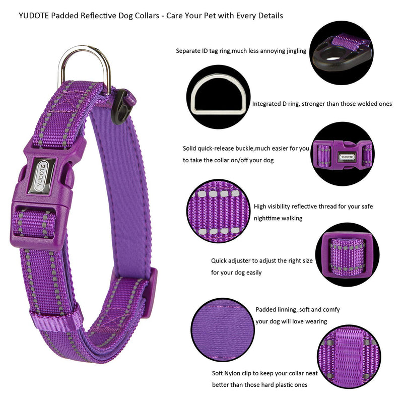 YUDOTE Dog Collar Medium Strong Reflective Nylon Webbing with Soft Comfy Neoprene Padded Linning for Medium Dogs Daily Use,Vibrant Purple M: adjustable 33-48cm; 2.0cm Wide Vibrant Purple - PawsPlanet Australia