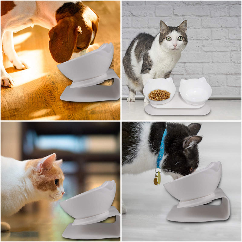 Cat Bowls, Double Cat Bowl Dog Feeder with 15° Tilted Raised Stand, Cat Feeding Bowl, Anti-skid Anti-spill , Anti Vomiting, Protect Vertebra Pet Food Water Bowl for Cats and Small Dogs Puppy Dish White - PawsPlanet Australia