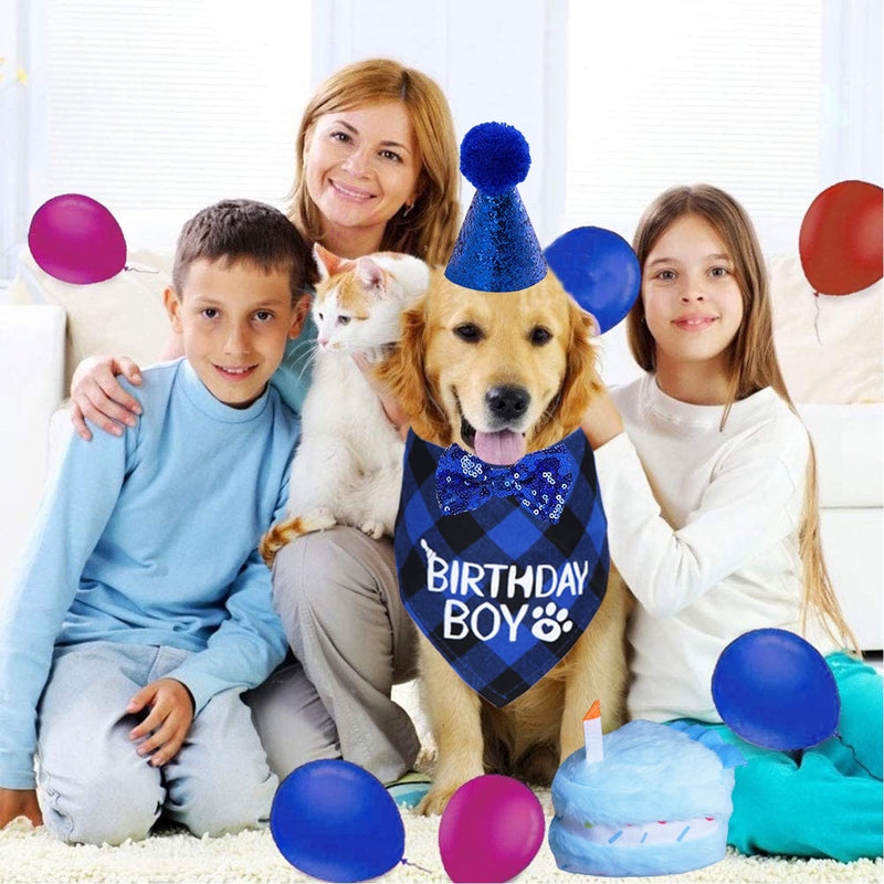 STMK Dog Birthday Party Supplies, Dog Birthday Bandana Boy with Dog Birthday Party Number Hat Bowtie Cake Squeaky Toy for Large Medium Dogs (Blue, Plaid) Blue - PawsPlanet Australia