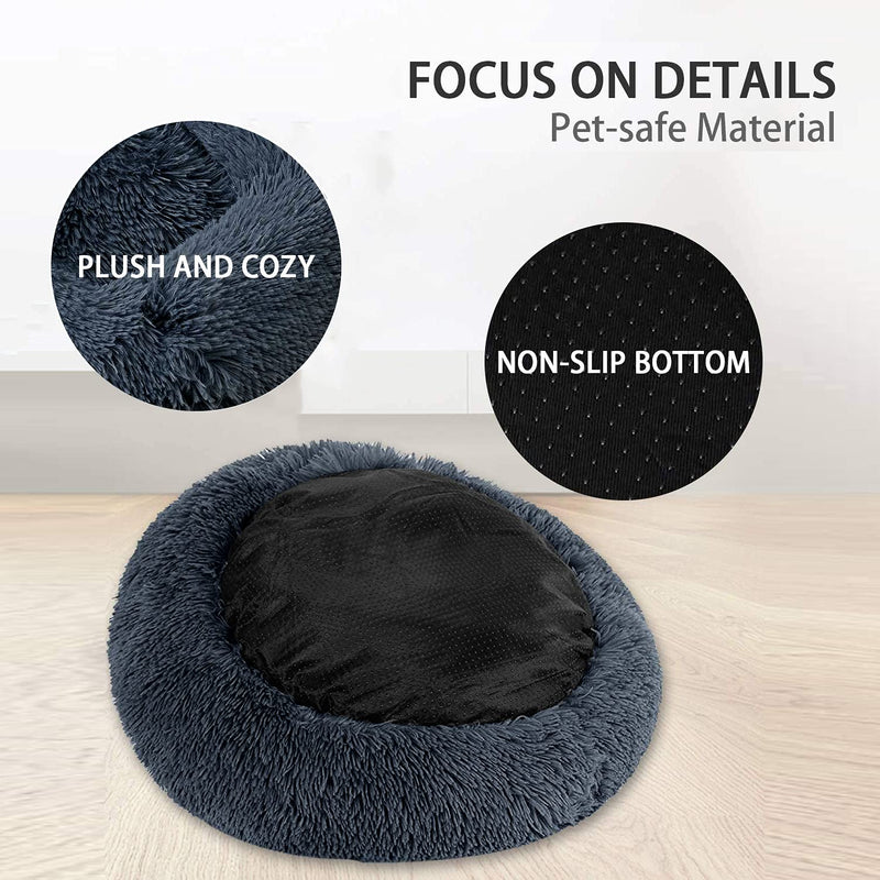 Anti-Anxiety Donut Dog Cuddler Bed, Warming Cozy Soft Dog Round Bed, Fluffy Faux Fur Plush Dog Cat Cushion Bed for Small Medium Dogs and Cats (20"/24"/32''/36") (Small 20''x20'', Black) Small 20''x20'' Dark Grey - PawsPlanet Australia