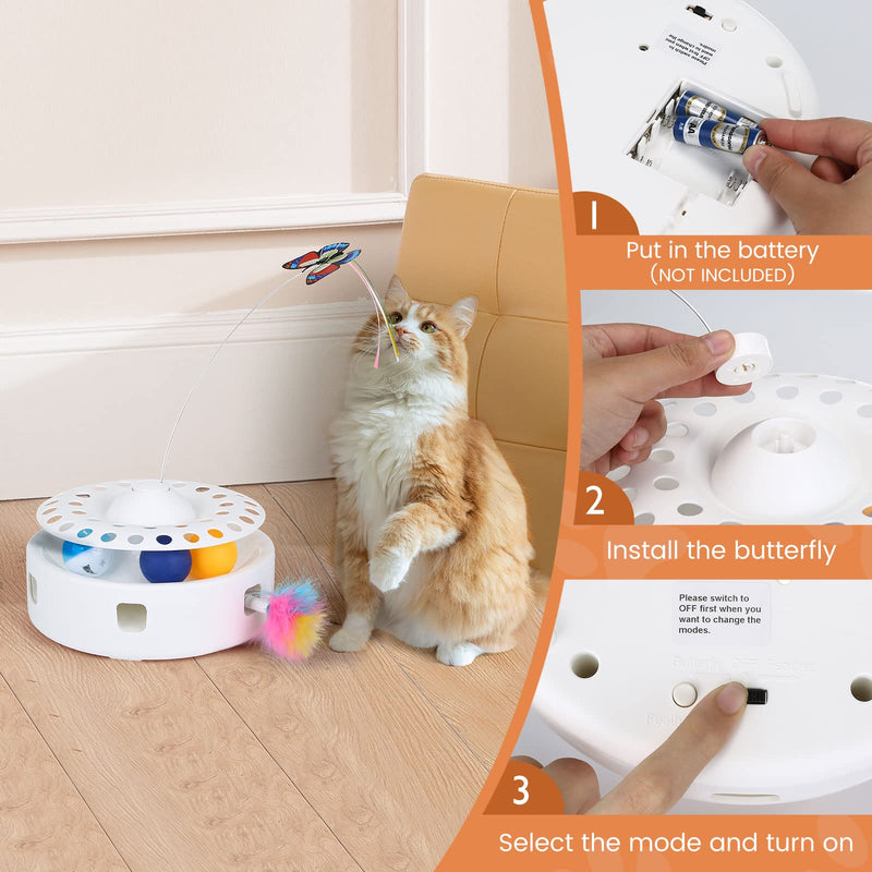 PETTOM 3 in 1 Electric Cat Toy, Mute Interactive Cat Toy with Feathers & Ball Exercise Cat Toy & Rotating Butterfly, Self-employment Cat Teaser Toy for Cats White - PawsPlanet Australia