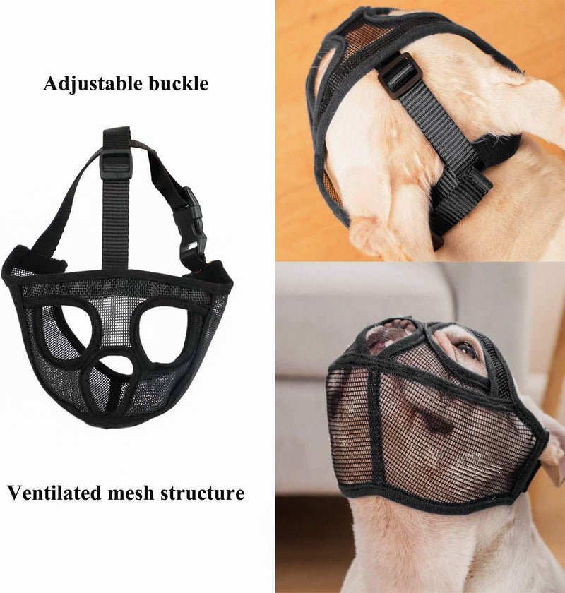 Short Snout Dog Muzzle Breathable Mesh Bulldog Muzzle Adjustable Dog Mouth Cover British French Bulldog Muzzle with Flattened to Prevent Biting Barking Chewing Dog Muzzle for Small Medium Large Dogs XS(28-36cm) Black - PawsPlanet Australia