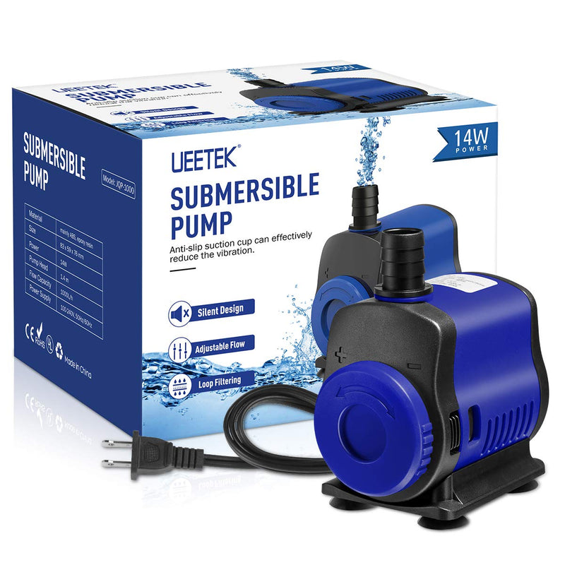 [Australia] - UEETEK Submersible Pump(1000L/H, 14W) Adjustable Ultra Quiet Water Pump for Aquarium, Fish Tank, Pond, Statuary, Hydroponics 