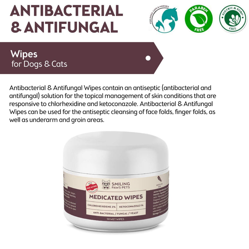 Advanced+ Medicated Antibacterial & Antifungal Wipe For Dogs & Cats – Contains Ketoconazole & Chlorhexidine - Dog Skin Yeast Infection Treatment - For Ringworm, Pyoderma, Bacteria & Fungus. 50 pads 1 x 50 Wipes - PawsPlanet Australia