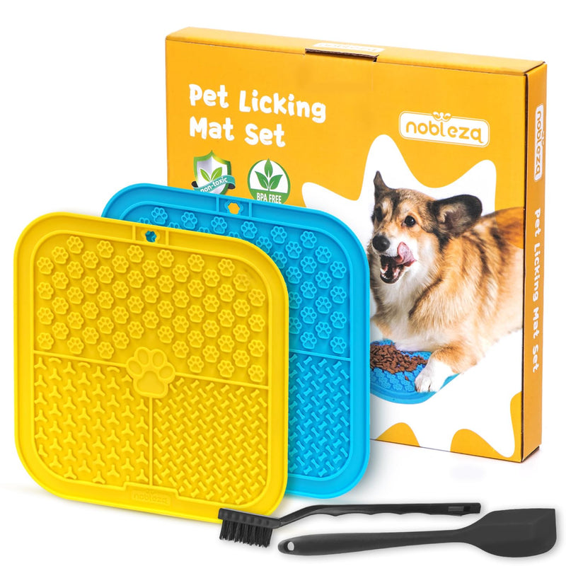 Nobleza dog lick mat, pack of 2, dog lick mat with silicone spatula and brush, slow feeder dog lick mat for dog bathing, lick mat for cat puppies, yellow and blue - PawsPlanet Australia