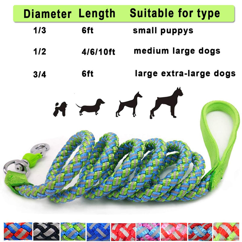 Mycicy Rope Dog Leash - 4/6/10 Foot Reflective Dog Leash - Mountain Climbing Nylon Braided Heavy Duty Dog Training Leash for Large and Medium Small Dogs Walking Leads 4ft * 1/2" Green - PawsPlanet Australia