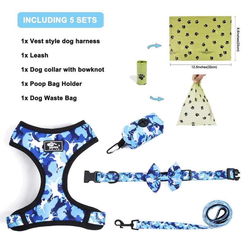 No Pull Dog Harness and Leash Set, Reflective Step in Dog Vest Harness Set with Bow Collar, Leash and Poop Bag Holder Blue S (neck 11" chest 11.4"-15.7") - PawsPlanet Australia