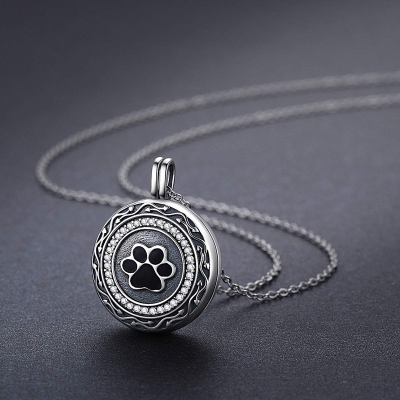 [Australia] - S925 Sterling Silver Paw Cremation Necklace for Ashes Round Circle Pendant Memorial Keepsake Urn Locket Necklace to Hold Ashes for Pet Dog Cat 