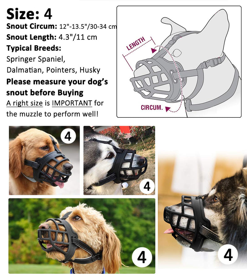 [Australia] - Dog Muzzle,Soft Basket Silicone Muzzles for Dog, Best to Prevent Biting, Chewing and Barking, Allows Drinking and Panting, Used with Collar 4 (Snout 12-13.5") Black 