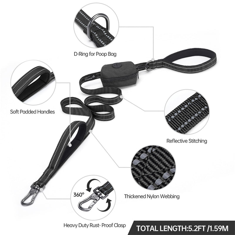 EXCELLENT ELITE SPANKER Reflective Nylon Dog Training Leash Strong Durable Dog Leash 5 Feet Long 1" Wide with Poop Bag Holder for Small and Medium Dogs（Black） Black 5.2FT*1'' - PawsPlanet Australia