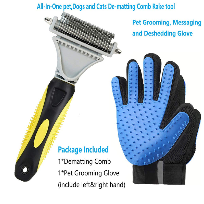 [Australia] - Pet Grooming Tool- Dematting Comb/Grooming Glove Set, 2 Sided Undercoat Grooming Rake for Cats/Dogs, Safely and Easily Removes Matted Tangles, Deshedding Brush Glove- Efficient Pet Hair Remove-2Pack 
