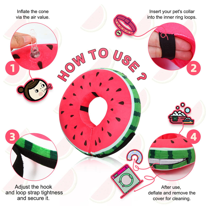 Dog Cone for Large Medium Small Dogs and Cats, Inflatable Dog Donut Collar Cone Soft Recovery Cones for Dogs After Surgery, Adjustable E Collar Does not Block Pet Vision(Watermelon-L) Watermelon Plush Fabric-L - PawsPlanet Australia
