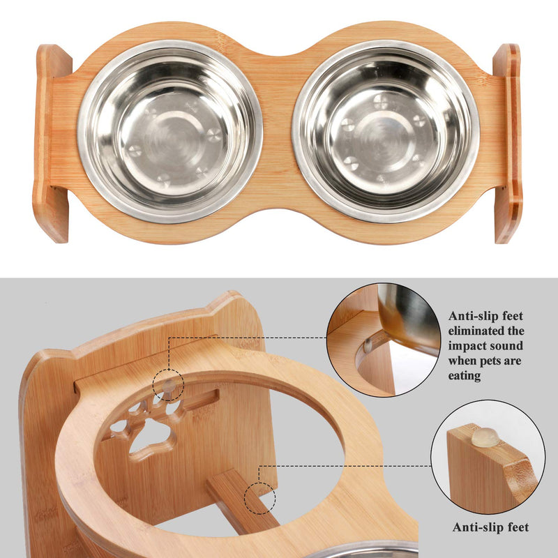X-ZONE PET Raised Pet Bowls for Cats and Dogs, Adjustable Bamboo Elevated Dog Cat Food and Water Bowls Stand Feeder with 2 Stainless Steel Bowls and Anti Slip Feet Adjustable Height 5.1 to 7.5 to 10 - PawsPlanet Australia