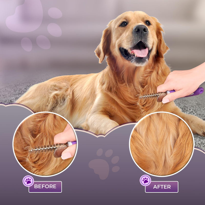 GENPEPADO Dematting Undercoat Rake Comb for Dogs & Cats with Long 2.5-In Stainless Steel Safety Blades for Removing Knots, Mats & Tangles - Pet Grooming Deshedding Brush Tool with Anti-Slip Grip purple rake - PawsPlanet Australia