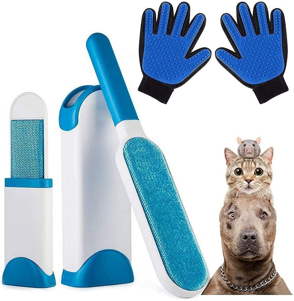 Improved lint brush set, lint brush combo with cleaning station (2 pieces) + 1 pair of pet gloves with cleaning and massage function, pet hair remover for sofa, car upholstery and textiles blue - PawsPlanet Australia