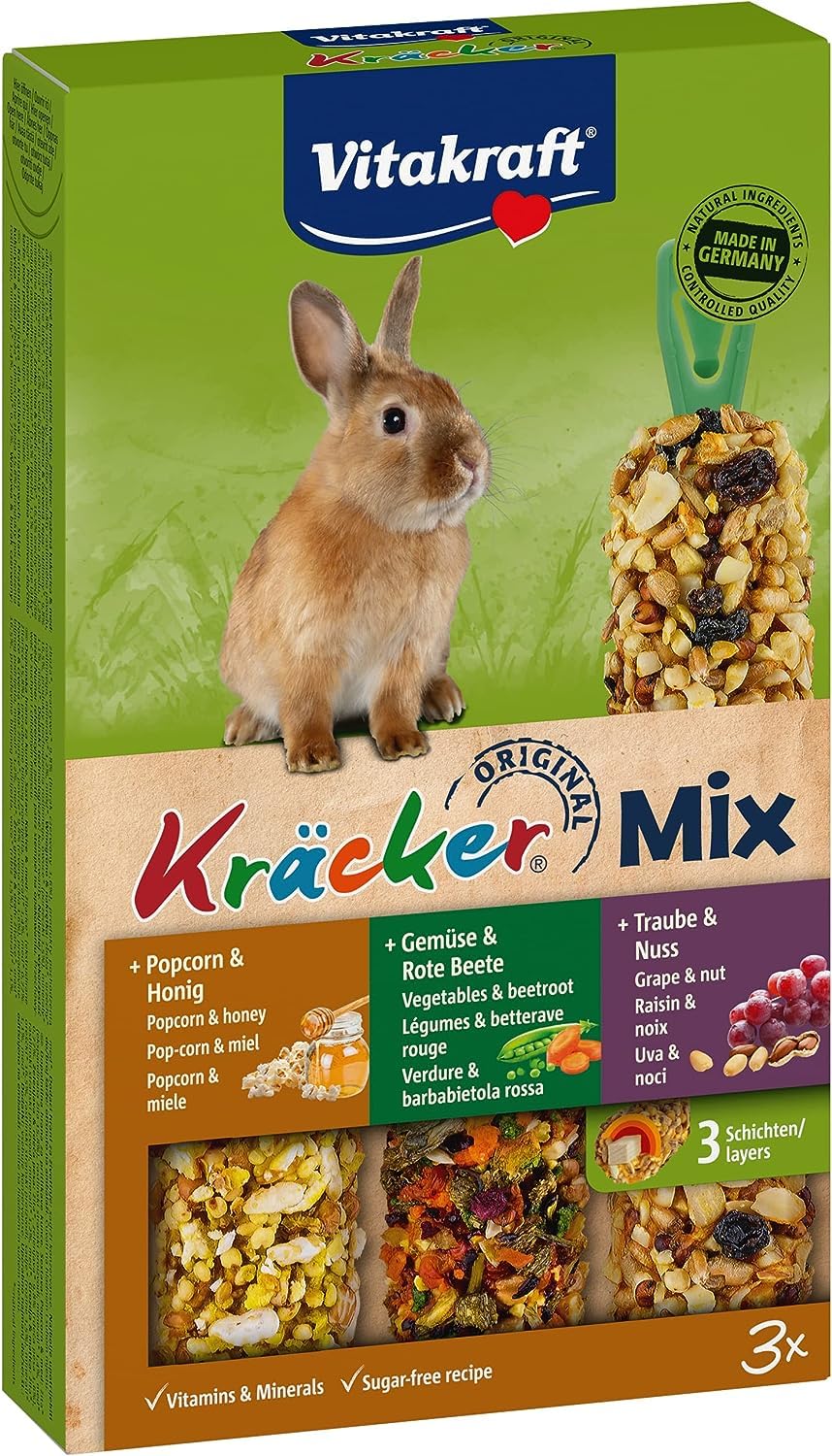 Vitakraft cracker mix, nibble sticks for dwarf rabbits, with popcorn and honey, with vegetables and beetroot, with grapes and nuts, support the abrasion of the growing teeth (1x 3 pieces) 3 pieces (pack of 1) - PawsPlanet Australia