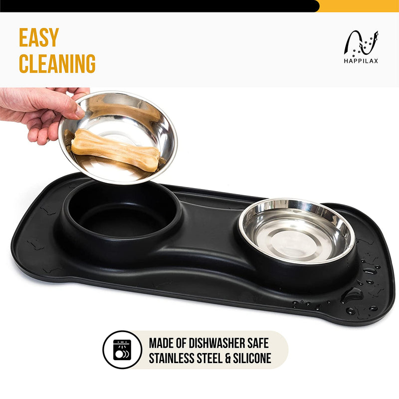 Happilax Double Dog Bowl for Small Dogs and Cats with Silicone Mat and 2 Stainless Steel Feeders S (2 x 200 ml) Black - PawsPlanet Australia