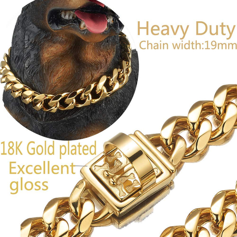 [Australia] - Abaxaca 19 mm Dog Collar 18K Gold Heavy Duty Stainless Steel Dog Luxury Training Collar Cuban Link with Durable Clasp Necklace Chain 18inch(for 15.6“~17.5"Neck) 
