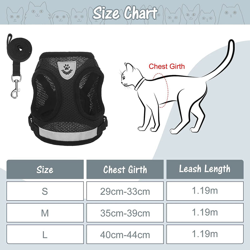 BINGPET Escape Proof Cat Harness and Leash Set - Adjustable Vest Harnesses for Small Medium Cats , Soft Reflective Mesh Vest Harness and Lead Set - Best for Kitten Walking Black - PawsPlanet Australia