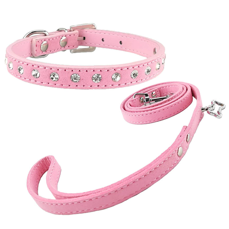 Newtensina Cute Diamante Puppy Collar and Leash Set Bling Suede Collar with Lead for Small Dogs Cats - Pink - S - PawsPlanet Australia