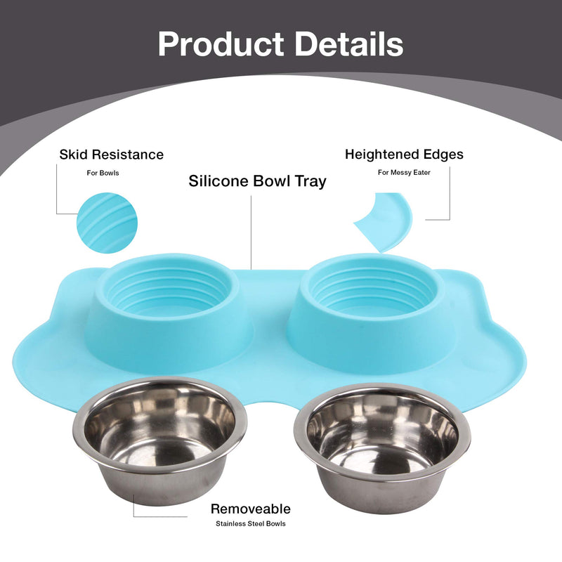 [Australia] - Pet Food and Water Bowls with 2 Stainless Steel Bowl & No Spill Non-Skid Silicone Mat Dog Double Feeding Bowl (350ml x 2) Blue 