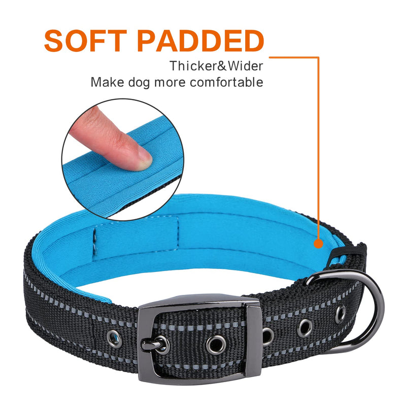 Fourhorse Heavy Duty Dog Collar, Comfortable Soft Neoprene Padded, Adjustable Reflective Nylon Pet Collar with Durable Metal Belt Buckle for Small/Medium/Large/X-Large Dogs S Blue - PawsPlanet Australia