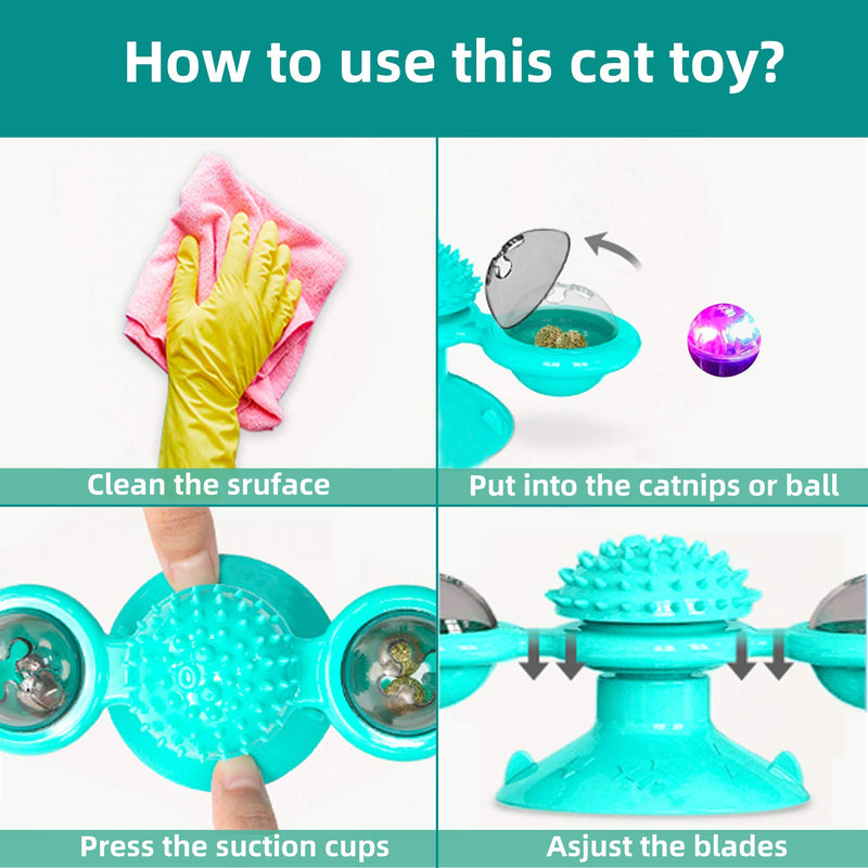 FURUISEN Windmill Cat Toys, Turntable Interactive Cat Toy with Suction Cup Brush for Cat Tooth Cleaning Scratching,Wall Mount Cat Spinner with Rotatable Toy ball Turquoise Blue - PawsPlanet Australia