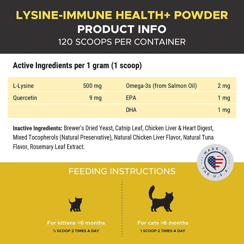 PetHonesty Lysine Immune Health+ Supplement Powder for Cats - Immune Health, Cat Allergy Relief - Sneezing, Runny Nose, Watery Eyes - Cats & Kittens of All Ages - Omega 3s, L-Lysine - Chicken & Fish - PawsPlanet Australia