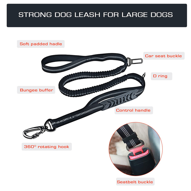 Bungee Leash for Large Dogs,Reflective Nylon 4-6ft Lead with Padded Handle,No Pull for Shock Absorption with Car Seat Belt - PawsPlanet Australia