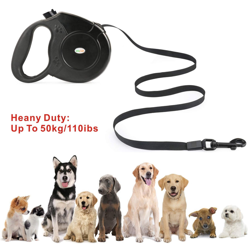 Idepet Retractable Heavy Duty Dog Lead for Small and Medium Dogs, Chain-Serrated Steel Chain Design, 360° Tangle-Free, Break & Lock System, 16 Foot Lead Black - PawsPlanet Australia