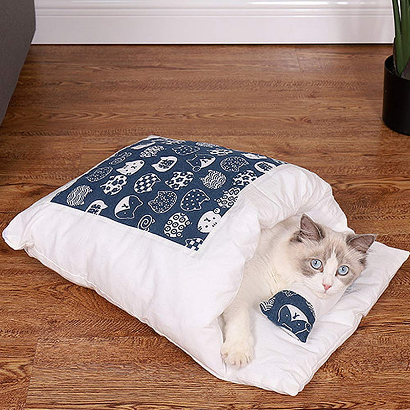 Souarts Cat Bed for Indoor, Pet Dog Cat Bed Removable Pet Mat, Japanese Style Winter Warm Cat Bed Small Blue - PawsPlanet Australia
