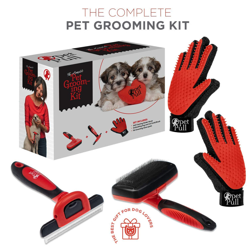 Complete Professional Pet Grooming Kit | Self Cleaning Slicker Brush for Dogs & Cats | Pro Grooming Brush Effectively Reduces Shedding Fur | Pet Hair Remover Brush Gloves | Combo Gift Set - PawsPlanet Australia