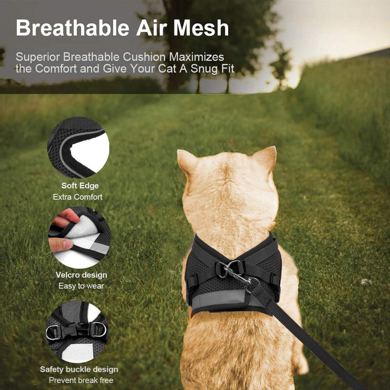 [Australia] - Cat Harness and Leash Set for Walking Small Cat and Dog Harness Soft Mesh Harness Adjustable Cat Vest Harness with Reflective Strap Comfort Fit for Pet Kitten Puppy Rabbit Small (Chest: 12" - 13") Black 