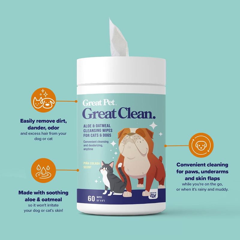 Great Pets - Body Wpes & Eye Tear Stain Remover Wipes for Dogs & Cats - Wash & Clean Eyes, Paws, Skin & Coat, Butt, Excess Hair Waterless Without Soap Great Clean Wipes - PawsPlanet Australia