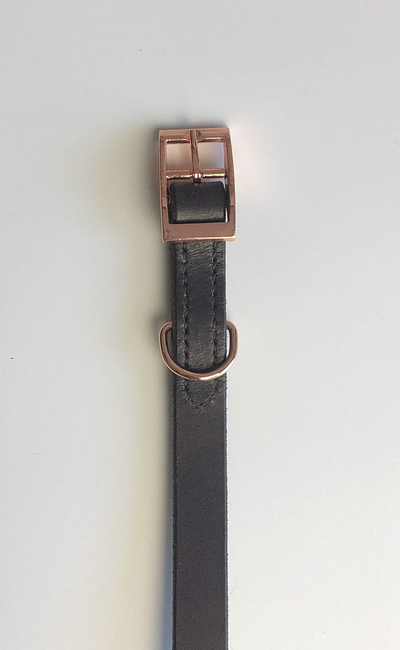 DARK BROWN ITALIAN BRIDLE LEATHER LUXURY HANDMADE DOG COLLAR MEDIUM 16"-20" 40CM-50CM WITH ROSE GOLD ACCESSORIES - PawsPlanet Australia