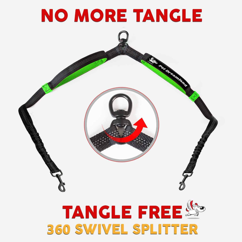 Double Dog Leash Hands-Free | Waist Dual Dog Leash for Tandem Walking & Training | 360°Swivel 2 Dog Coupler | Comfortable Shock Absorbing Reflective Bungee | No Pull Two Dog Leash Black & Green Coupler Only (Large Dogs) - PawsPlanet Australia
