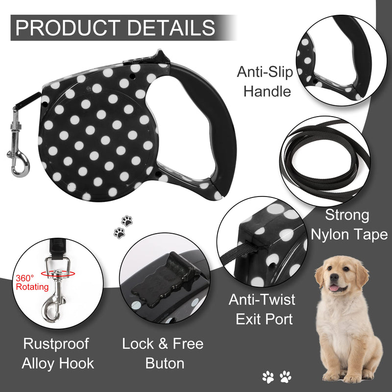 Beaface Retractable Dog Lead Extendable 16ft/5M, Retractable Dog Leads for Small Medium Dogs Up to 25KG, Extendable Dog Leads with Anti-Slip Handle, Anti-Tangled Strong Nylon Tape (Black White Dot) Black White Dot - PawsPlanet Australia