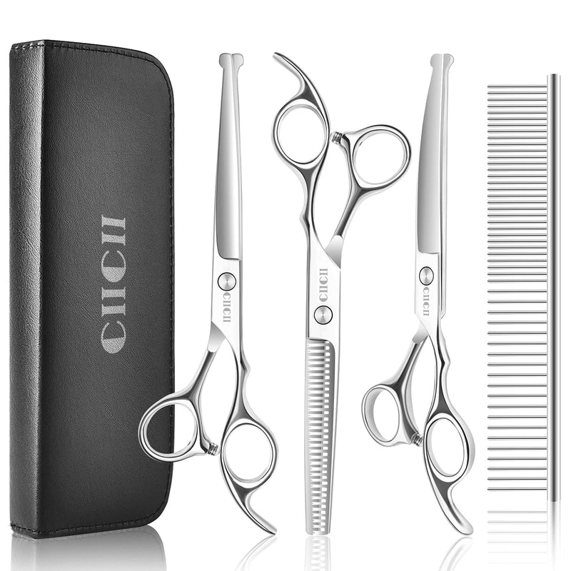 CIICII Dog Scissors Professional 6.5 Inch Grooming Scissors Dog Set (Cat Dog Grooming Thinning Scissors & Curved & Straight Hair Scissors) for Grooming Dog Cat Pet (9 Pieces Round Safety Tip Silver) 6.5 Inch Dog Scissors Silver Dog Scissors - PawsPlanet Australia