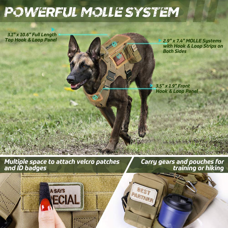 [Australia] - rabbitgoo Tactical Dog Harness Vest Large with Handle, Military Working Dog Molle Vest with Metal Buckles & Loop Panels, No-Pull Adjustable Training Harness with Leash Clips for Walking Hiking Hunting L: Neck (24.8-34.6"). Chest (31.5-41.3”) Tan 