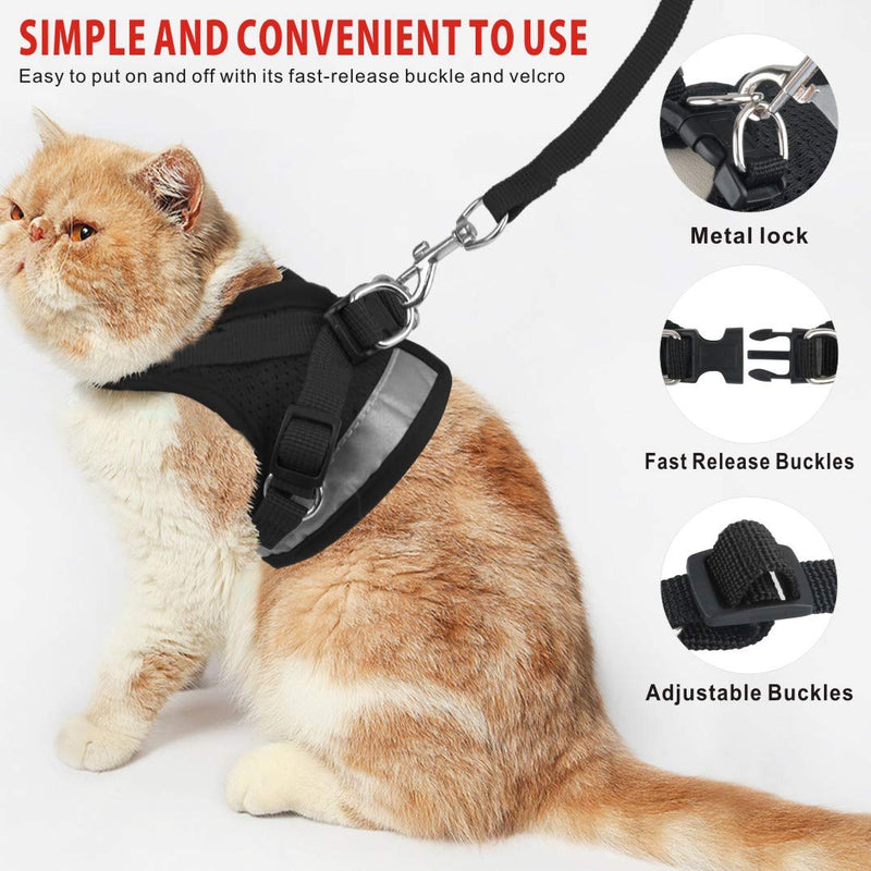 Idepet Cat Harness and Leash for Walking Adjustable Soft Mesh Vest Harnesses with Reflective Strap Metal Leash Ring Metal Clip for Small Medium Large Cats Pets Kitten Puppy Rabbit XS Black - PawsPlanet Australia