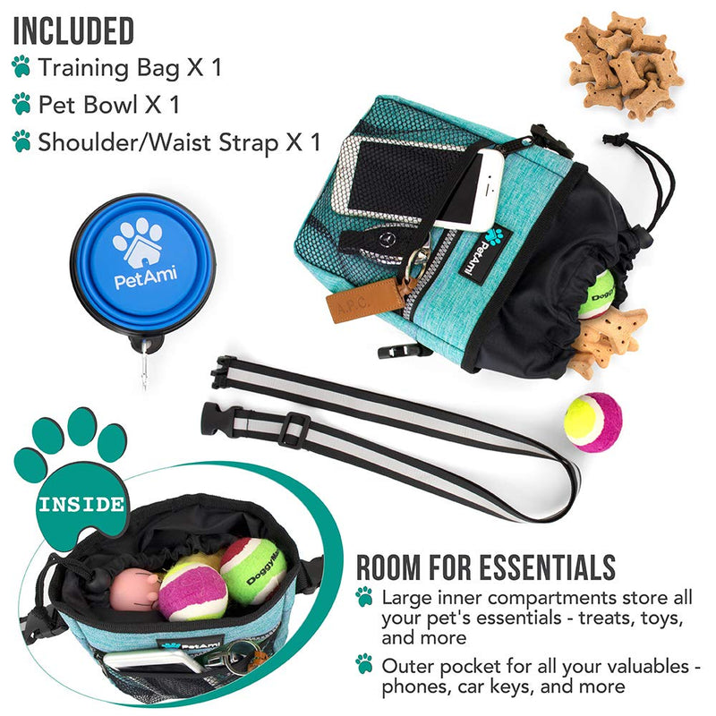 [Australia] - PetAmi Dog Treat Pouch | Dog Training Pouch Bag with Waist Shoulder Strap, Poop Bag Dispenser and Collapsible Bowl | Treat Training Bag for Treats, Kibbles, Pet Toys | 3 Ways to Wear One Size Heather Sea Blue 