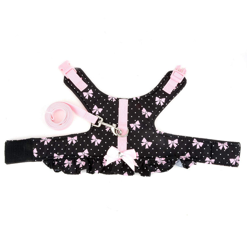 SMALLLEE_LUCKY_STORE Bow Flower Print Cat and Small Dog Harness Dress with Leash for Girls Adjustable No Pull Escape Proof Soft Walking Jacket Waterproof Puppies Kitten Harness Vest Outdoor XS(chest 12-13.5") black bows - PawsPlanet Australia