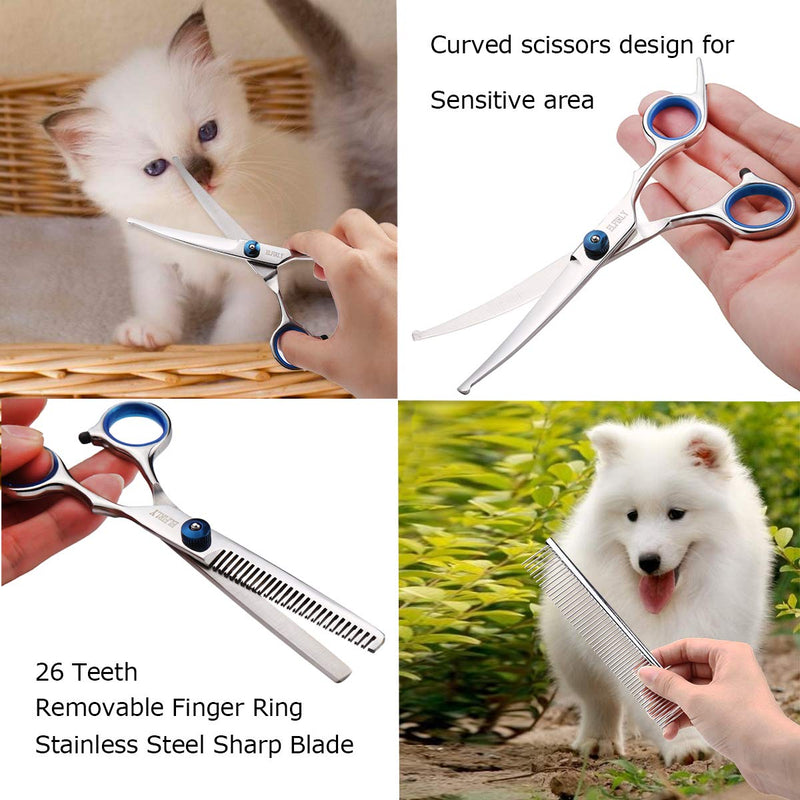 Elfirly Professional Dog Grooming Scissors Kit Stainless Steel Round Tip Cutting Curved Scissors Thinning Shears Grooming Comb Pet Hair Trimming Scissors with Extra Dog Nail Clippers for Dogs and Cats Blue - PawsPlanet Australia