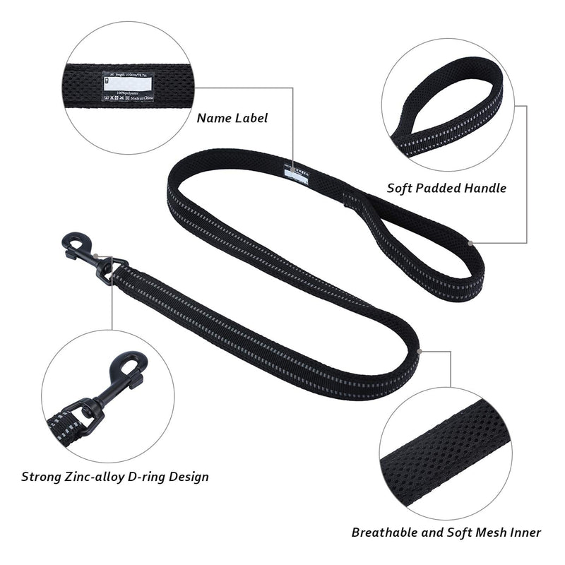 PETTOM Heavy Duty Pet Dog Basic Lead Leash 1.1 Meter/3.6 Ft Soft Padded Reflective Strong Thick Nylon Webbing for Puppy Small Medium Large Dogs Walking Outdoor Travel(Black) Black - PawsPlanet Australia